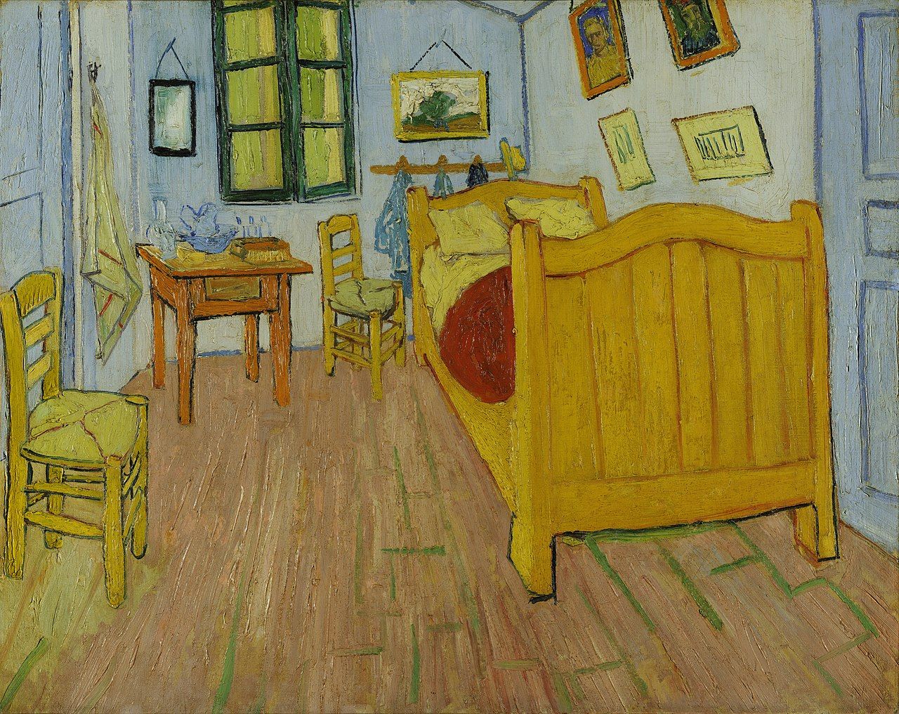 The painting "The Bedroom", realized by Vincent van Gogh in 1888, depicts his bedroom in Arles, France. The door to the right opened on to the upper floor and the staircase; the door to the left was that of the guest room he held prepared for Gauguin; the window in the front wall looked on to Place Lamartine and its public gardens.